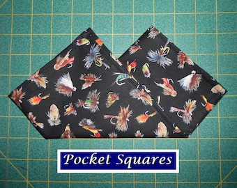 Flies on Black/Fisherman Pocket Square/hanky/handkerchief/cotton/fly fishing outdoorsman woodsmen rustic/made USA