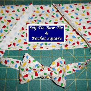 Christmas Lights Self Tie Bow Tie & Pocket Square Set/hanky/handkerchief/christmas bulbs blue red green yellow white/gold metallic/Made USA