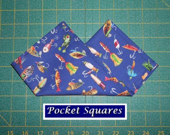 Bass Lures Baits Flies on Blue/Fisherman Pocket Square/hanky/handkerchief/cotton/fishing outdoorsman woodsmen rustic/made USA