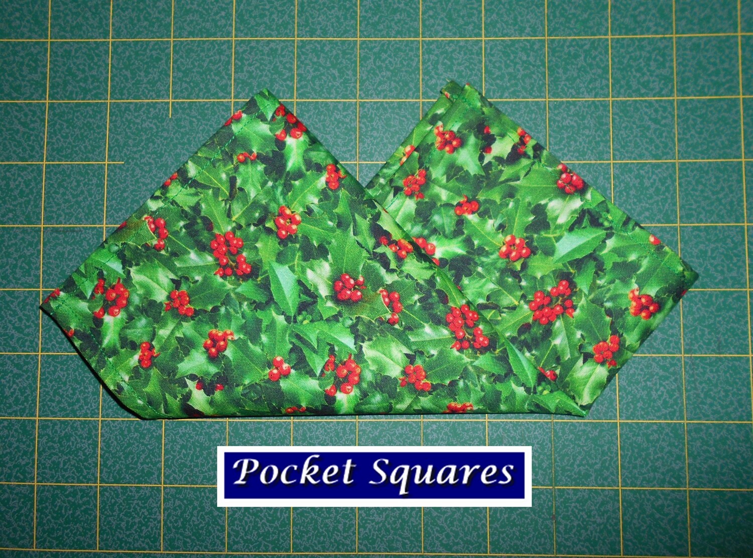 Vintage Green Holly Christmas Bow Tie & Pocket Square Set – 100% Cotton, Handmade In UK