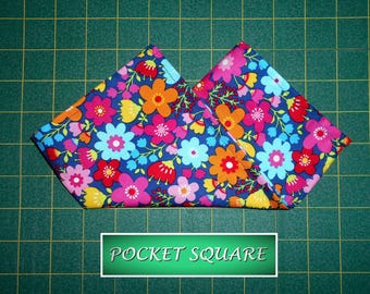 Multi Floral on blue Pocket Square/hanky/handkerchief/red orange yellow pink green/cotton/made USA