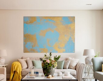 Gold Blue Abstract Minimalist Art Work Print for Apartment Home Living Room Wall Decor