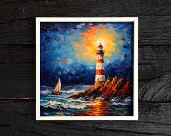 LightHouse Painting Art Print, Feng Shui Bathroom Bedroom Wall Decor, Impressionist Seascape Art for New Home Owner Gift, Sailing Ship