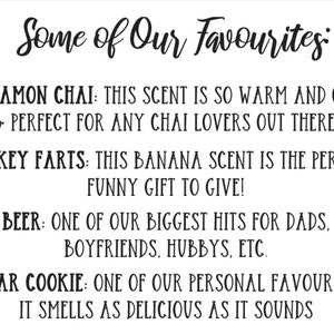 May include: A list of popular candle scents with descriptions. The scents include Cinnamon Chai, Monkey Farts, Beer, and Sugar Cookie.