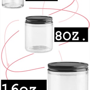 May include: Three glass jars with lids, one with a white lid and two with black lids. The jars are labeled 6 oz, 8 oz, and 16 oz.