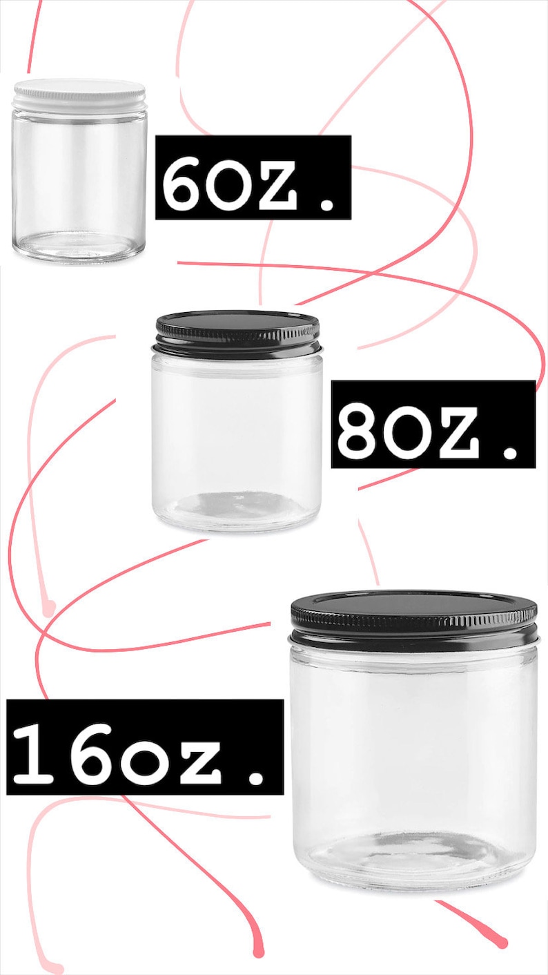 May include: Three glass jars with lids, one with a white lid and two with black lids. The jars are labeled 6 oz, 8 oz, and 16 oz.