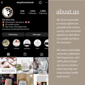 May include: Instagram page for The Wick Club, a candle company based in Edmonton, Canada. The Wick Club offers 76 candle scents, all phthalate-free and non-toxic. The page features a photo of a candle with coffee beans on top, and a description of the company's values, including sustainability and plant-based ingredients.