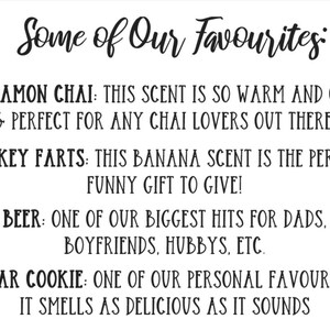May include: A list of popular candle scents with descriptions. The scents include Cinnamon Chai, Monkey Farts, Beer, and Sugar Cookie.