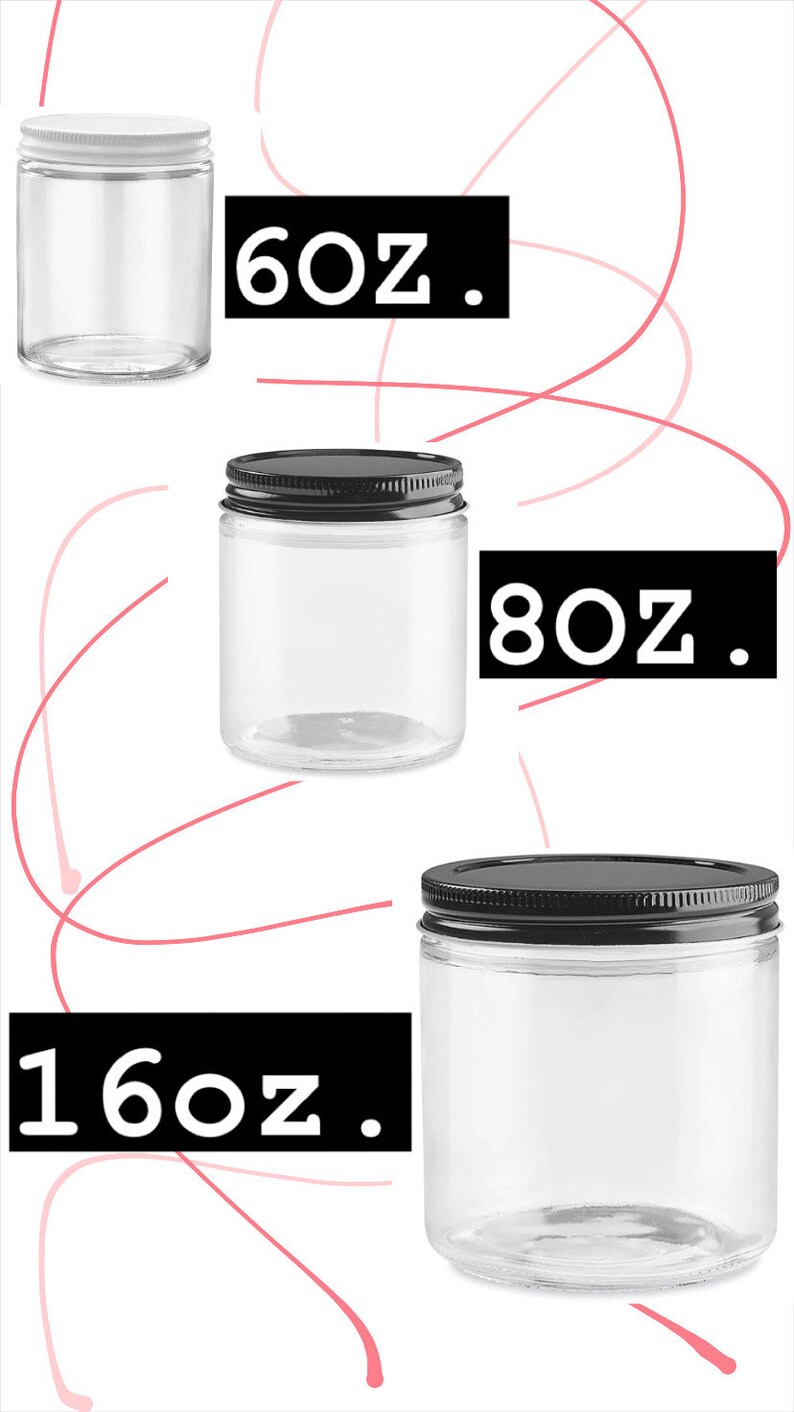 May include: Three glass jars with lids, from left to right: 6 oz, 8 oz, and 16 oz. The jars are clear glass with black or white lids.