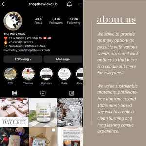 May include: Instagram page for The Wick Club, a candle company based in Edmonton, Canada. The Wick Club offers 76 candle scents, all phthalate-free and non-toxic. The page features a photo of a candle with coffee beans on top, and a description of the company's values, including sustainability and plant-based ingredients.