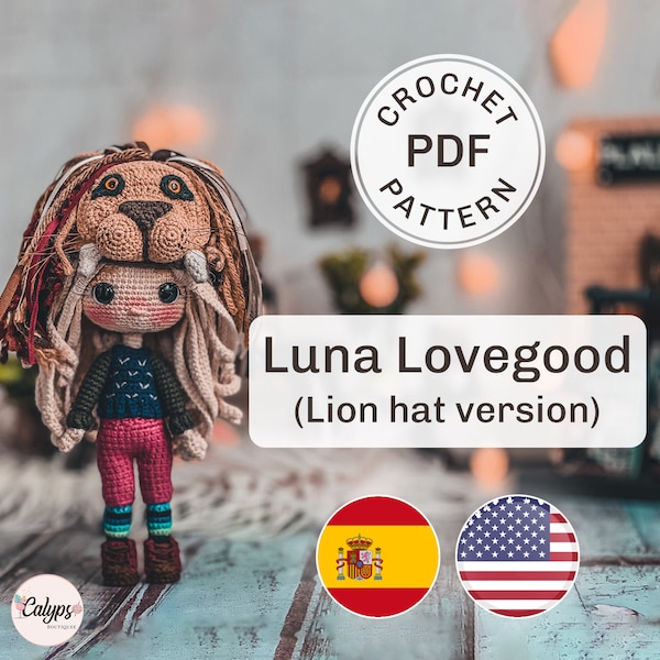 Luna-Amigurumi-Muster mit Löwenhut-Version / Luna-Amigurumi-Muster mit Löwenhut-Version / PDF / Strickanleitung