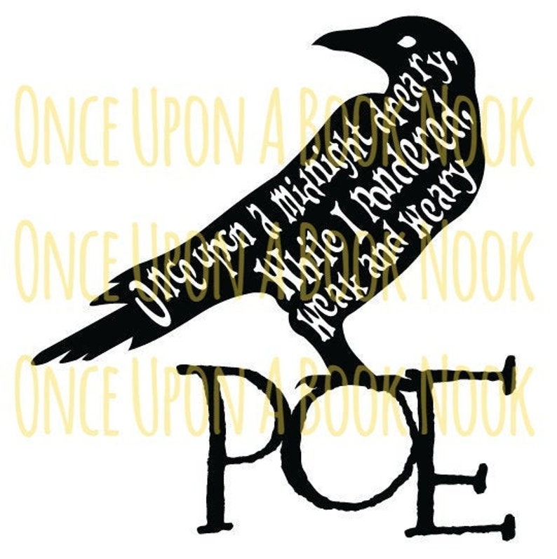 May include: Black silhouette of a raven with the text "Once upon a midnight dreary, While I pondered, Weak and weary" inside the bird's body. The word "POE" is below the raven.