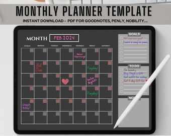 Undated Monthly Planner Template | Dark Mode Design | GoodNotes