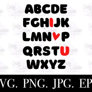 May include: Black and red alphabet letters with a heart in place of the letter 'O' in the word 'LOVE'. The letters are in a bold, rounded font. The text 'SVG. PNG. JPG. EPS.' is at the bottom of the image.