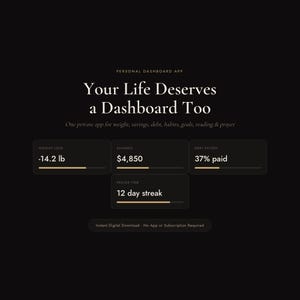 May include: A black digital interface for a personal dashboard app featuring the text Your Life Deserves a Dashboard Too. It displays progress bars for weight loss of -14.2 lb, savings of $4,850, debt payoff at 37 percent, and a 12 day prayer streak.