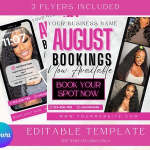 Editable August Booking Flyer Bundle | Makeup Nail Hair Lash Appointments Available Flyer | DIY Flyer templates | Social Media Templates