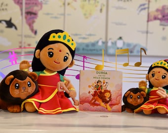 MODI TOYS - Bundled: Durga Devi Collection Mantra Singing Small 7 inch plush + Medium 11 inch plush + Book - Customization Available