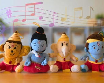 MODI TOYS - 4 Mini Devtas Bundle (7 inch) Mantra Singing Shiv Shankar, Baby Ganesh, Baby Hanuman, Baby Krishna Plushies