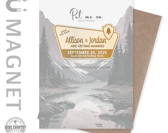 Glacier National Park Wedding Save the Date cards and magnets | National Park wedding | wood wedding magnets | custom wood magnet with cards