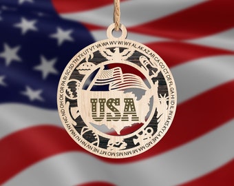 USA Christmas Ornament for 2023 Wooden United States of America Pride Christmas Ornament, 50 States Available, free shipping