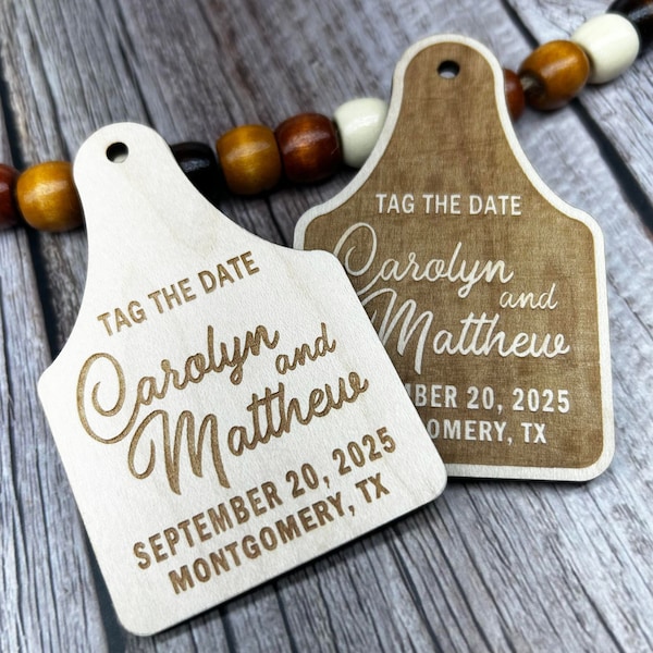 Save the date cow ear tag magnets, farm or barn wedding, wooden magnet save the date, tag the date, wooden magnets, ear tag