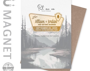 Grand Teton National Park Save the Date cards and magnets | National Park wedding | wood wedding magnets | custom wood magnet with cards