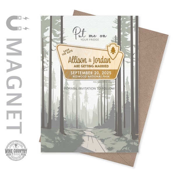 Redwood National Park Wedding Save the Date cards and magnets | National Park wedding | wood wedding magnets | custom wood magnet with cards