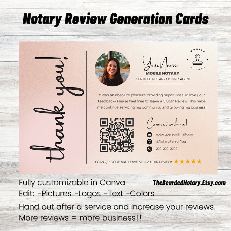 Guarantee more Notary and Loan Signing reviews with these fully customizable review cards. Easy to download and printable. Just download and change in Canva, an online design program. Hand them out to clients and watch the reviews come in.