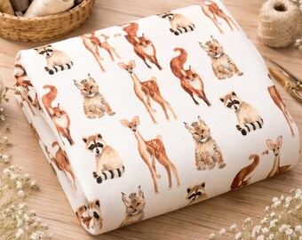 Organic rib knit jersey forest animals fabric rip knit jersey from 0.5 m