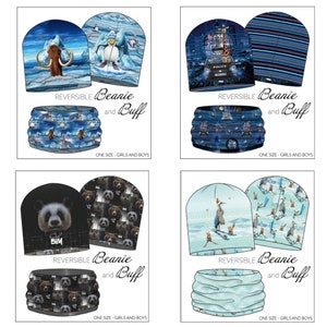 Peut inclure: Ensemble de quatre bonnets et buffs réversibles. Le premier ensemble comprend un bonnet bleu et blanc avec un motif de mammouth et de pingouin et un buff assorti bleu et blanc. Le deuxième ensemble comprend un bonnet bleu et noir avec un motif de voiture de police et de girafe et un buff assorti bleu et noir. Le troisième ensemble comprend un bonnet noir avec un motif de panda et d'ours et un buff assorti noir. Le quatrième ensemble comprend un bonnet bleu et blanc avec un motif de héron et de skieur et un buff assorti bleu et blanc.