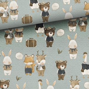 May include: A seamless pattern featuring various woodland animals wearing hats and vests. The animals include a deer, fox, rabbit, bear, and goose. The background is a light blue color with a subtle speckled pattern.