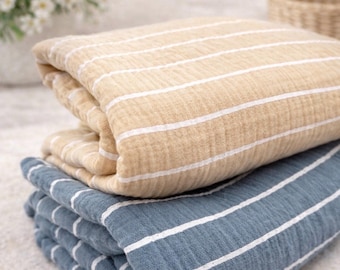 Striped muslin fabric – double gauze cotton by the meter – soft baby fabric beige blue – muslin for clothing, scarves, blankets from 0.5 m