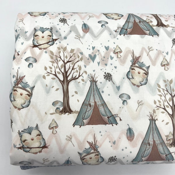 Tissu en coton de qualité supérieure, hibou, animaux de la forêt, à partir de 0,5 m