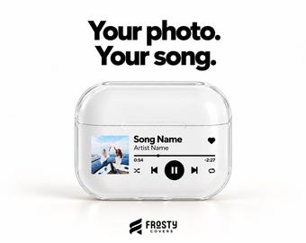 May include: A clear protective case for wireless earbuds featuring a custom graphic print of a music player interface with a photo, the text "Song Name", "Artist Name", "0:54", "-2:27", and the text "Your photo. Your song." above the case.