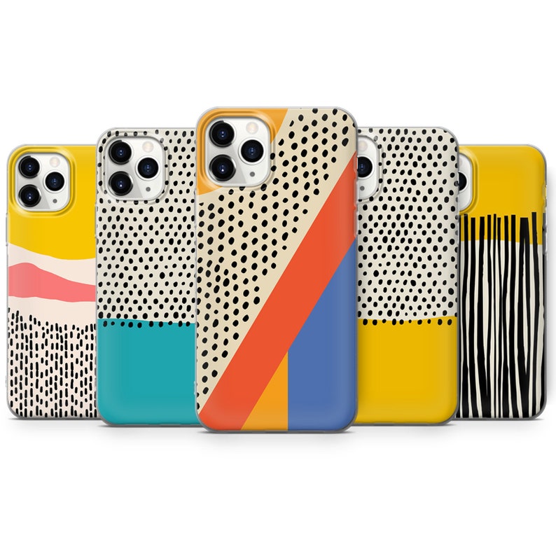 May include: Five different iPhone cases with geometric patterns. The cases feature a variety of colors, including black, white, yellow, orange, blue, and red. The cases are all made of a durable material and are designed to protect your phone from scratches and drops.