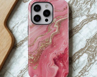 Pink Marble Phone Case With Gold Cover for iPhone 17 Pro Max, 16e, 15, 14, 13 & Samsung S26 Ultra, S25 FE, A57, A56, Pixel 10, 9A