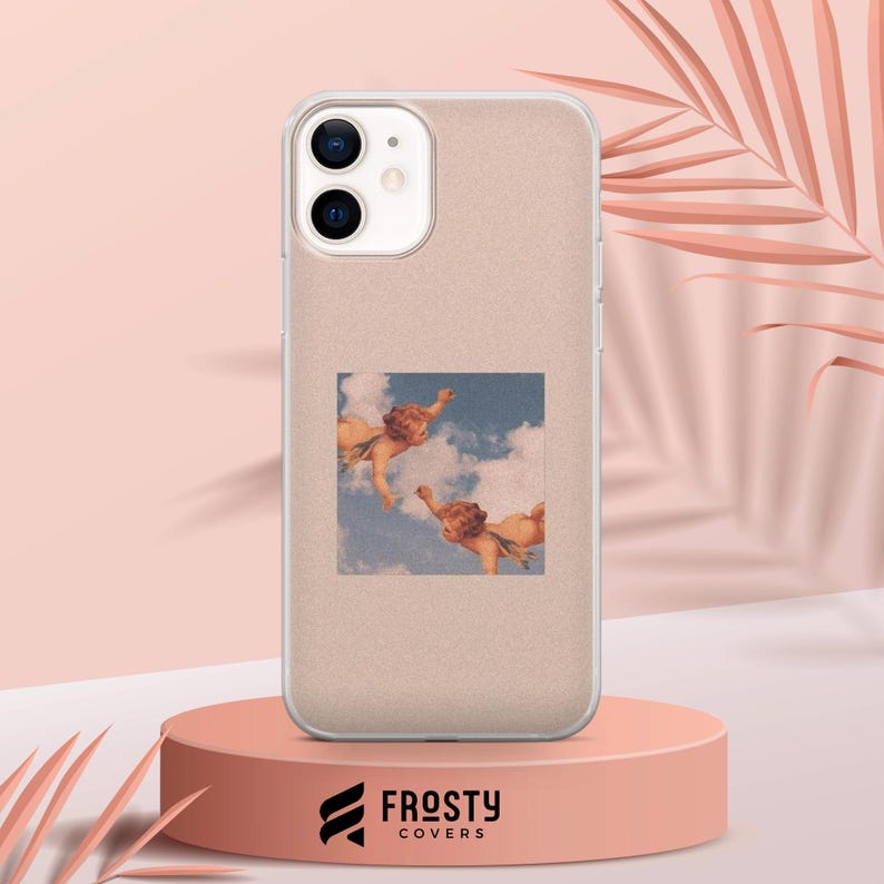 May include: A beige smartphone case featuring a square graphic of two cherubs floating among blue skies and white clouds. The case has a dual-lens camera cutout at the top left and a smooth, matte-textured finish across the entire back surface.