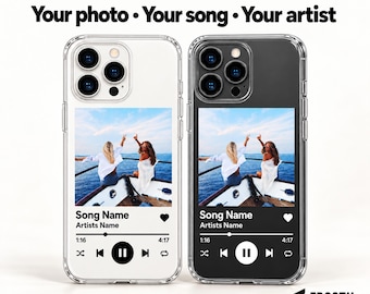 May include: Two clear phone cases featuring a custom music player interface design. The design includes a square photo of two people on a boat, the text Song Name and Artists Name, a progress bar, and playback controls. The text Your photo • Your song • Your artist appears above the cases, and the Frosty Covers logo is at the bottom right.