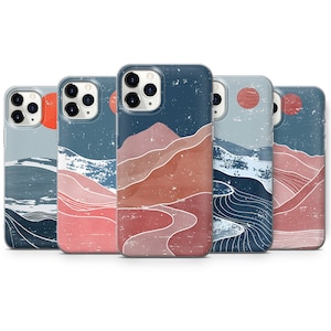 Funda para teléfono con diseño de montañas y luna abstracta para iPhone 17 Pro Max, 16e, 15, 14, 12 y Samsung S25 Ultra, S24 FE, A56, Pixel 10 XL, 9a, 8