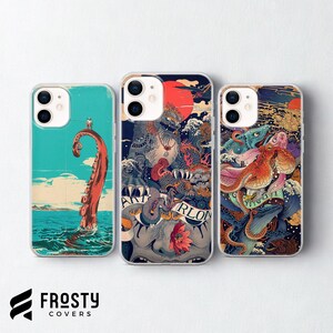 May include: Three smartphone cases featuring detailed graphic illustrations. The left case shows a giant red tentacle in the ocean. The center case depicts a mythical creature with a red sun. The right case displays a colorful underwater scene.