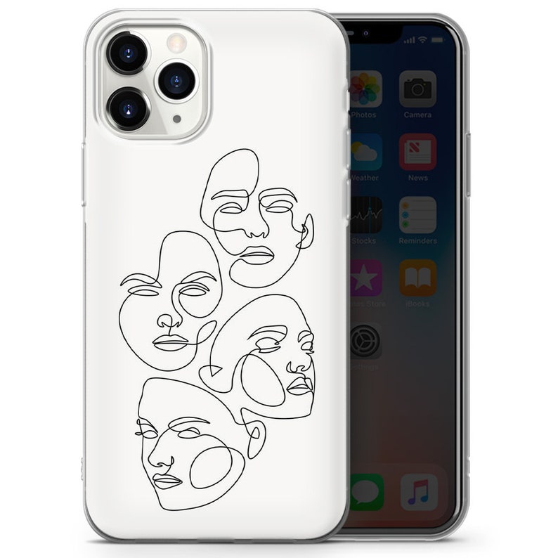 Puede incluir: Carcasa de tel&eacute;fono blanca con un dibujo de l&iacute;nea negra de cuatro caras abstractas. Las caras est&aacute;n dibujadas en un estilo de l&iacute;nea continua.