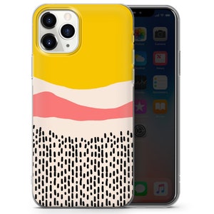 May include: A clear phone case with a yellow, pink, and white abstract design. The design features a wavy line pattern with black dots and dashes.