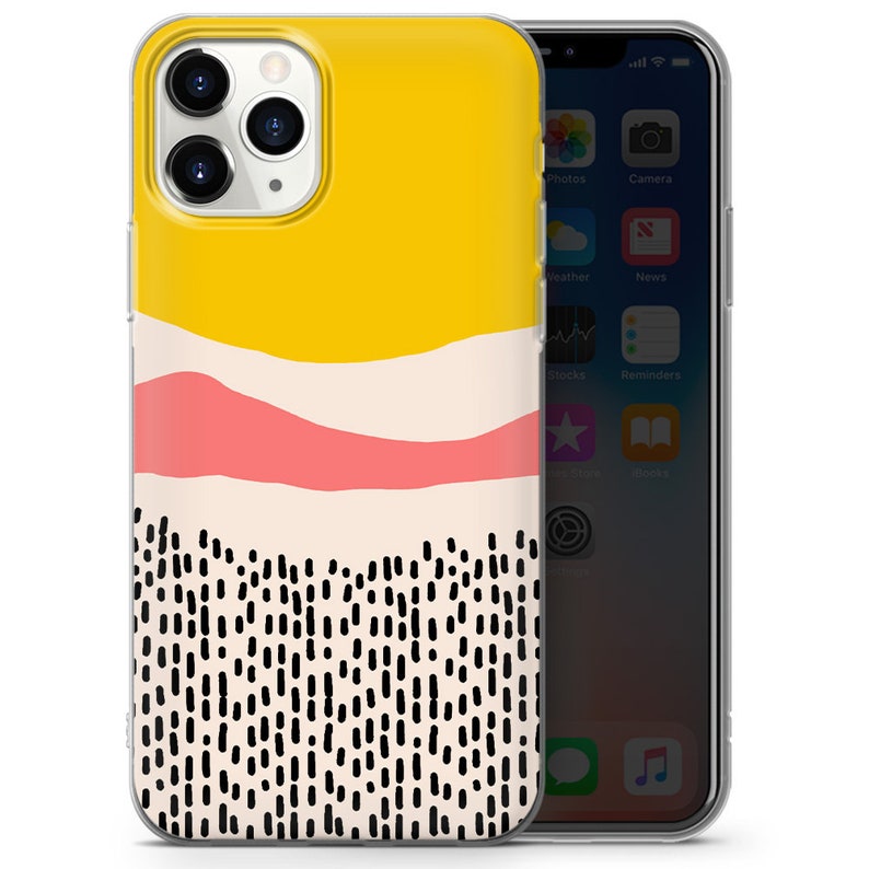 May include: A clear phone case with a yellow, pink, and white abstract design. The design features a wavy line pattern with black dots and dashes.