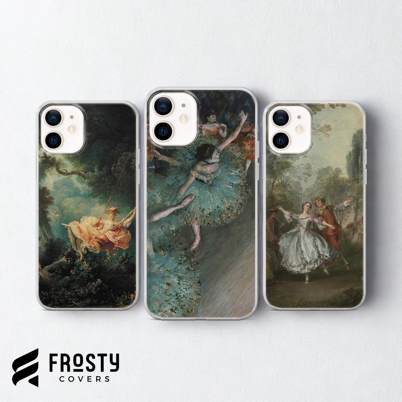 Pode incluir: Tr&ecirc;s capas de telem&oacute;vel com estampas de arte cl&aacute;ssica. As capas apresentam pinturas de uma bailarina, um casal a dan&ccedil;ar e uma mulher num baloi&ccedil;o. As capas s&atilde;o transparentes com uma borda branca. A marca "Frosty Covers" est&aacute; na parte inferior.