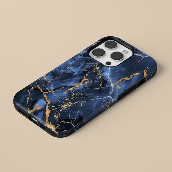 Blue Marble Phone Case With Gold Cover fit for iPhone 15 Pro Max, 14 Plus, 13, 12, 11, XR & Samsung S24, S23, A54, A53, Pixel 8 Pro, 7