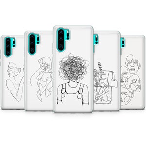 Puede incluir: Conjunto de cinco fundas transparentes para tel&eacute;fono con dibujos de l&iacute;neas negras. Los dise&ntilde;os incluyen la cara de una mujer, el cuerpo de una mujer, una persona con la cabeza llena de remolinos, una mujer sentada dentro de una caja y una serie de caras.