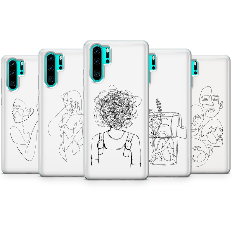 Puede incluir: Conjunto de cinco fundas transparentes para tel&eacute;fono con dibujos de l&iacute;neas negras. Los dise&ntilde;os incluyen la cara de una mujer, el cuerpo de una mujer, una persona con la cabeza llena de remolinos, una mujer sentada dentro de una caja y una serie de caras.