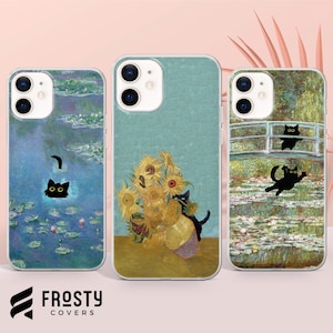 Capa de telefone engraçada com gato e pintura de Van Gogh para iPhone 16 Pro Max, 15 Plus, 14, 13, 12, 11, XS e Samsung S25, S24, A56, A55, Pixel 9 Pro, 8