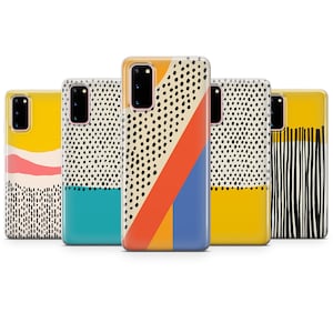 May include: Five different phone cases with abstract geometric designs in black, white, yellow, orange, blue, and turquoise.