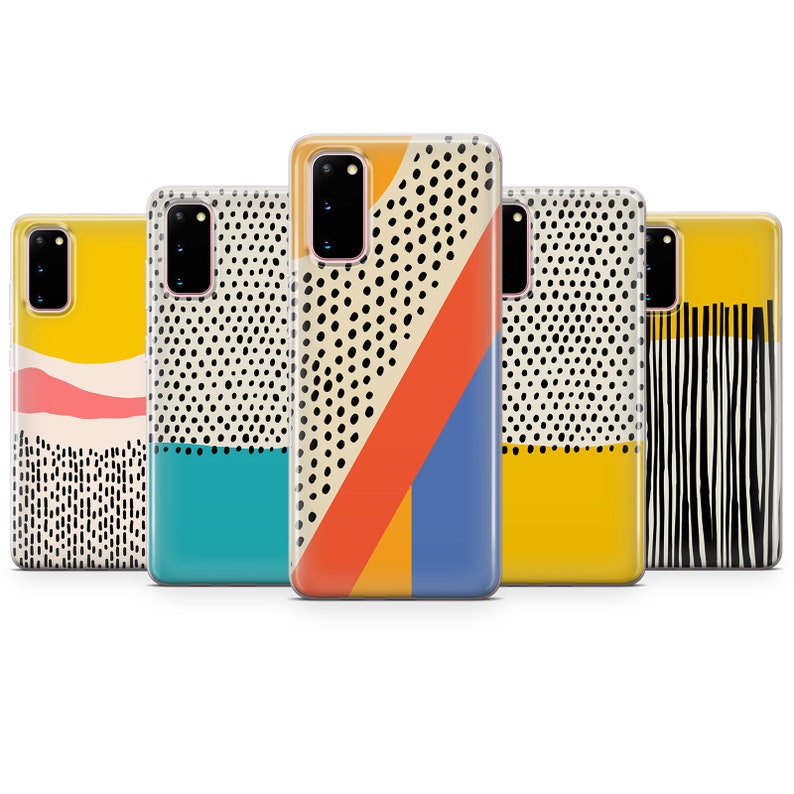 May include: Five different phone cases with abstract geometric designs in black, white, yellow, orange, blue, and turquoise.